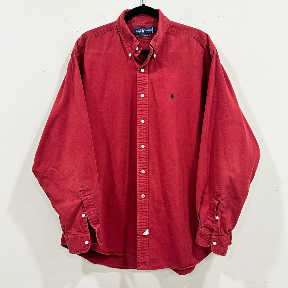 Ralph Lauren Mens Denim Shirt XL‎ Red Button Down Pony Office Long Sleeved